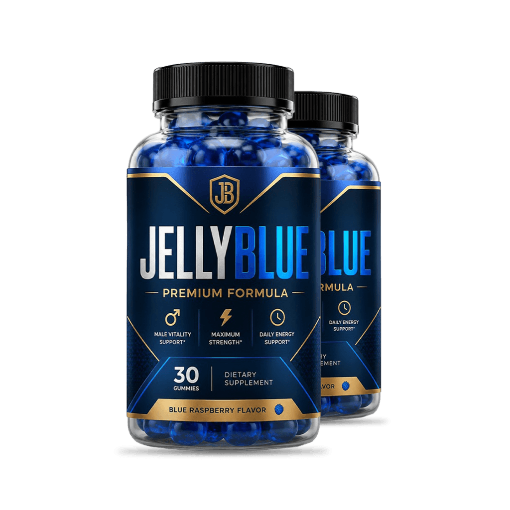 2 bottles of JellyBlue male vitality gummy supplement, dark navy labels with gold accents, professio